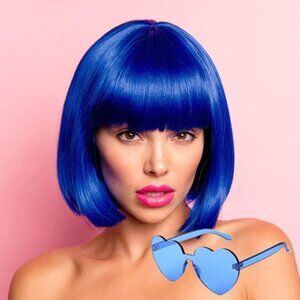 Women's Blue 12 Inch Costume Cosplay Party Short Bob Wigs And Sunglass